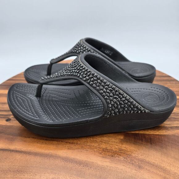 Crocs Sloane Sandals Womens 7 Black Embellished Thong Slip On Comfort Flip Flops - Picture 3 of 7